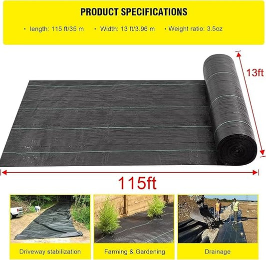 Driveway Fabric 13x115ft - Commercial Weed Barrier, Heavy Duty 3.5OZ Landscape Fabric for Road, French Drain, Erosion Control, and Construction Projects