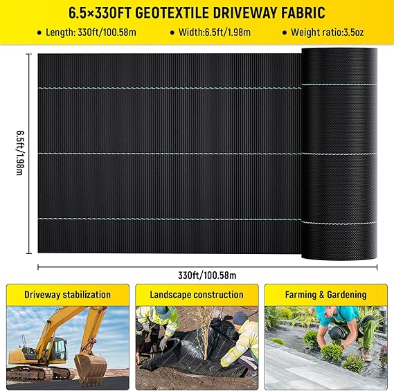 Doniks 6.5x330ft Driveway Fabric,3.5OZ Commercial Heavy Duty Weed Barrier Fabric, Garden Landscape Fabric,French Drain Fabric for Erosion Control,Landscape Fabric,Weed Barrier,Construction Projects