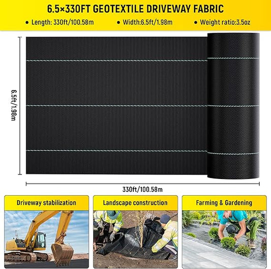 Doniks 6.5x330ft Driveway Fabric,3.5OZ Commercial Heavy Duty Weed Barrier Fabric, Garden Landscape Fabric,French Drain Fabric for Erosion Control,Landscape Fabric,Weed Barrier,Construction Projects